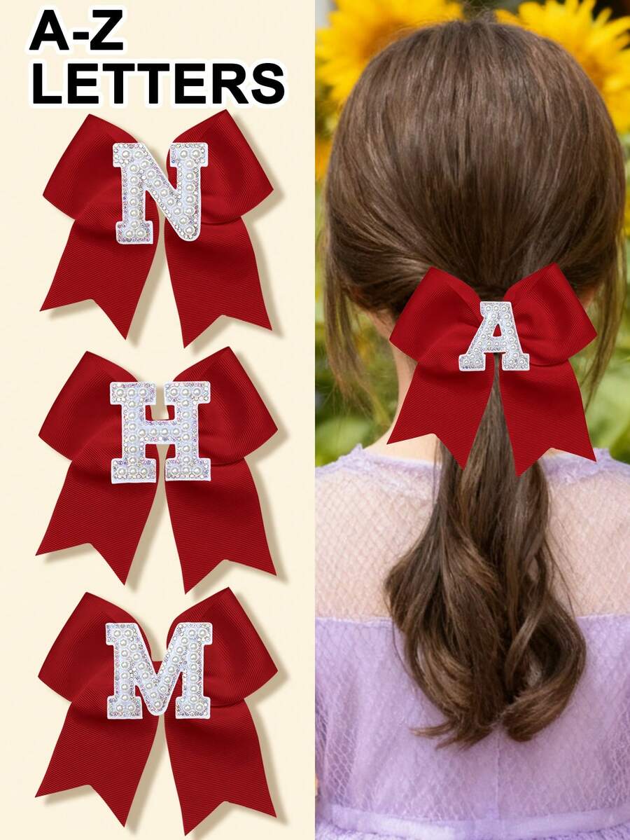 1pc Personalized A-Z Letter Bow Hair Clips For Little Girls, Red Ribbon Bow With Pearl Rhinestone Initial, Cute Daily Hairstyle Decorations