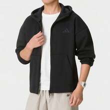 Adidas Men's Solid Black Hooded Long Sleeve Jacket - Black - View 2