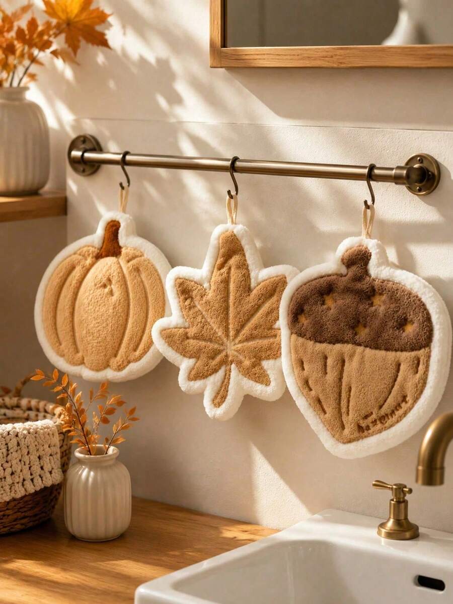 Pumpkin Shaped Hanging Hand Towel, Quick Dry Absorbent Microfiber, Soft Coral Fleece Hand Towel, Autumn Decor Pumpkin Style, Suitable For Sink, Bathtub, Shower, Modern Autumn Bathroom Style - Multicolor - View 1