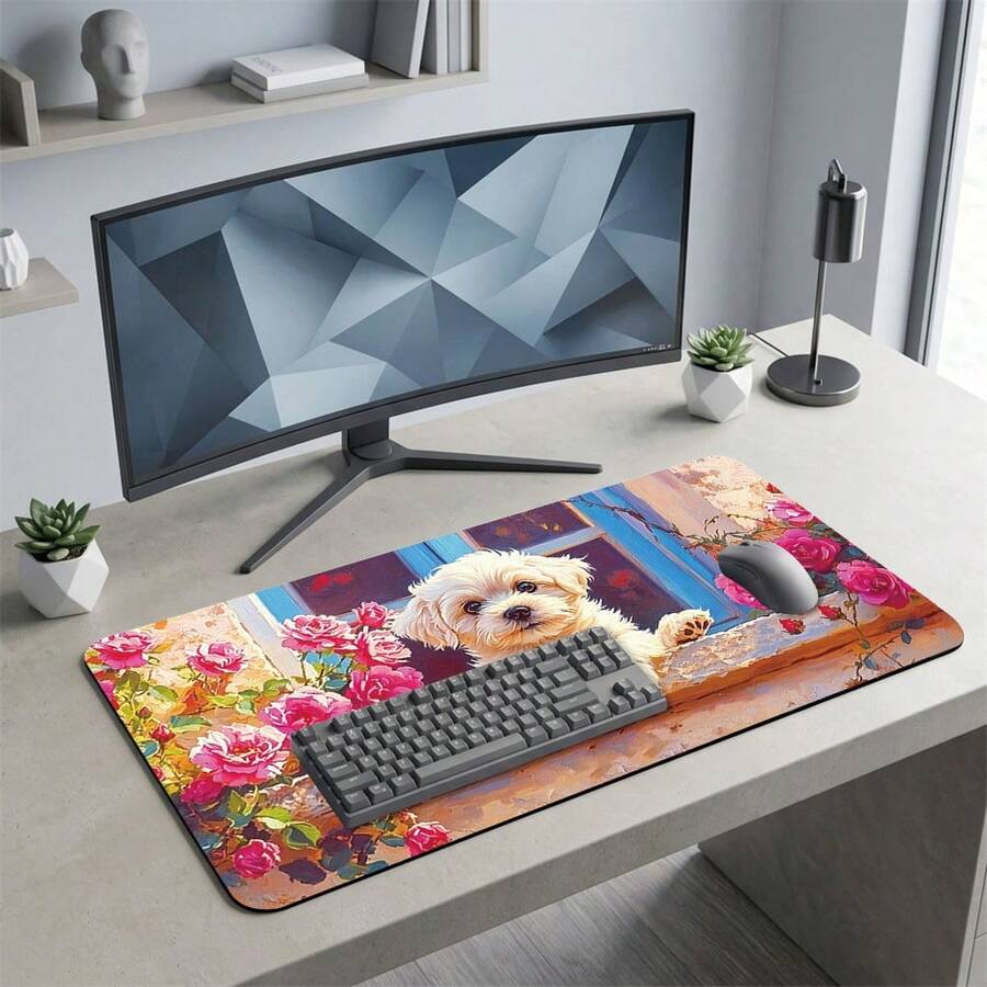 Colorful Petal And Puppy Pattern Gaming Mouse Pad, Non-Slip Rubber Desk Mat, Smooth Sliding Surface, Suitable For Computer Laptop Office Home, Cute Abstract Art Decor, Back To School Supplies - A - View 1