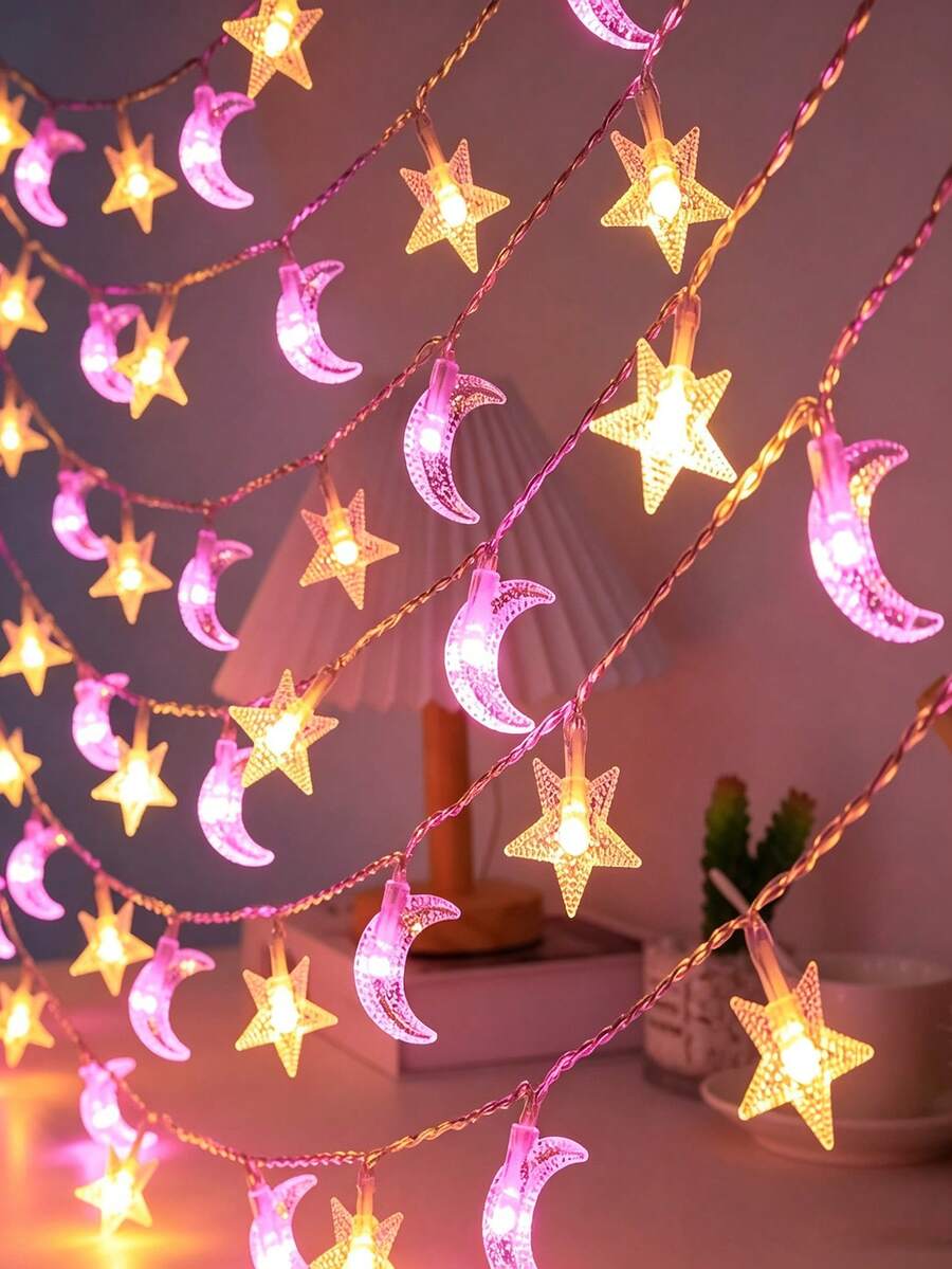 Star Moon LED String Lights Battery Powered, Warm Pink Dual Color, Fairy Lights For Bedroom Curtain Table Holiday Party Decor - Star and Moon Light String - View 1