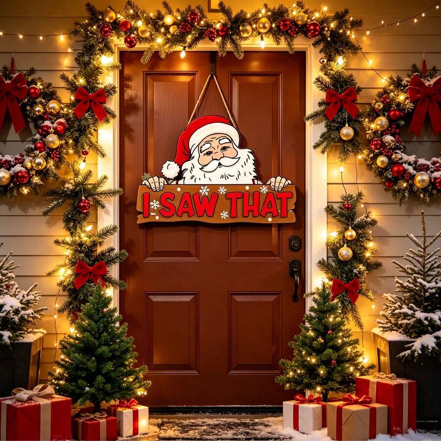Funny Santa Claus Wooden Door Hanger "I SAW THAT" Slogan Christmas Wall Decor - A - View 1