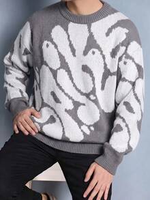 1 pieza Suéter de punto casual para niños con cuello redondo y jacquard de letras, otoño/invierno vuelta a la escuela - Gris - Ver 3