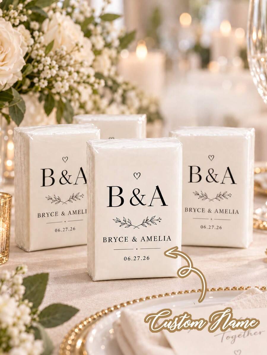 Customizable Couple Name Happy Tears Wedding Tissues, Elegant Minimalist White Mini Pocket Tissue Box, Personalized Wedding Date Printed Travel Pack Tissues, Bulk Wedding Guest Favors Table Decor Keepsake Gifts - Multicolor - View 1