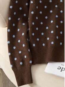 Women's Plus Size Brown Polka Dot Knit Cardigan, Round Neck Long Sleeve, Autumn/Winter Essential, Cute Comfortable Regular Fit Outerwear - Coffee Brown - View 3
