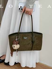low tea 1pc Minimalist Square PU + Suede Fabric Shoulder Bag, Suitable For Commuting, Shopping, Etc. (With Pendant) - Dark Green - View 11