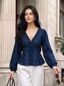 Fall Women Lace Trim V‑Neck Peplum Blouse, Puff Long Sleeve Button Front Tie‑Back Fitted Top - Navy Blue - View 9