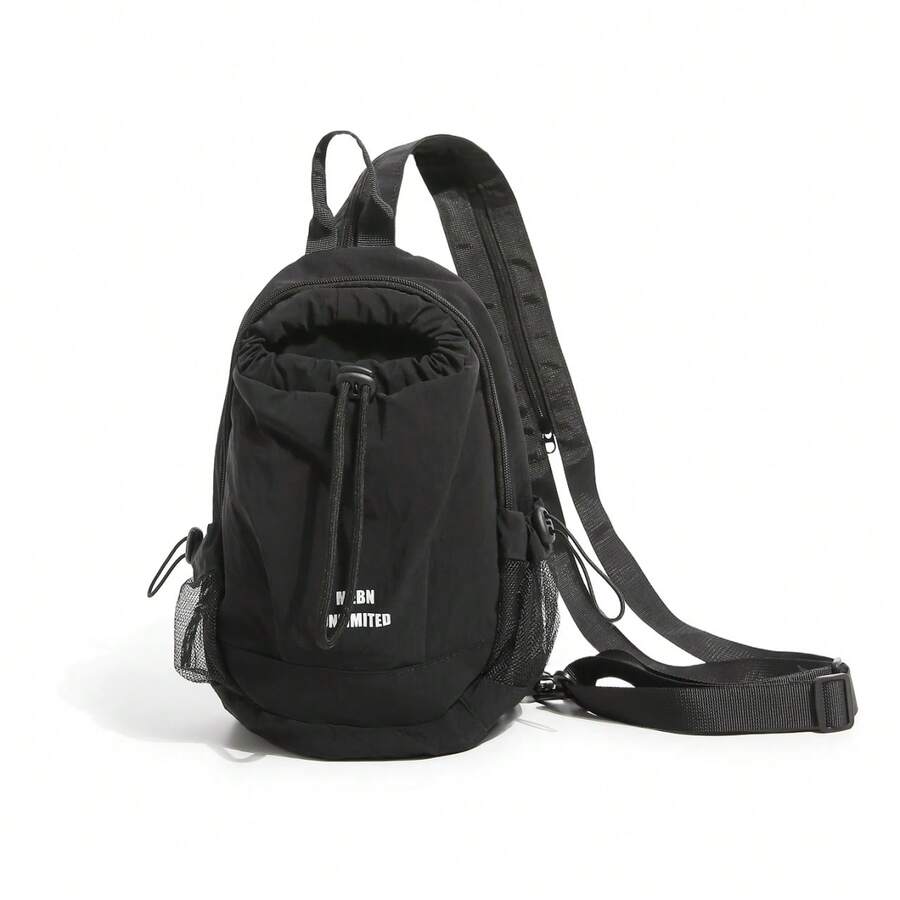 Black Drawstring Mini Backpack, Lightweight Nylon Fabric, Mesh Side Pockets, Adjustable Straps, Outdoor Casual Commute Minimalist Drawstring Bag - Multicolor - View 1