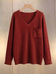 Elegant Women Solid Knit V-Neck Pullover Sweater, Comfort Pocket Top For Work Casual Fall Winter Wear - Red - View 4