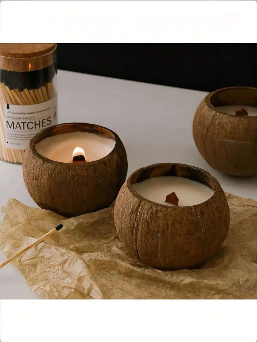 Coconut Shell Container Scented Candle, Wooden Wick, Candle, Suitable For Room Decoration, Autumn Decoration, Bedroom, Gift, Birthday, Halloween, Christmas, Cafe Decoration, Photography Props - Candle - View 1
