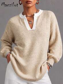Women Plus‑Size Contrast Trim Notch Neck Knit Pullover, Balloon‑Sleeve Warm Casual Office Sweater For Autumn Winter - Khaki - View 1