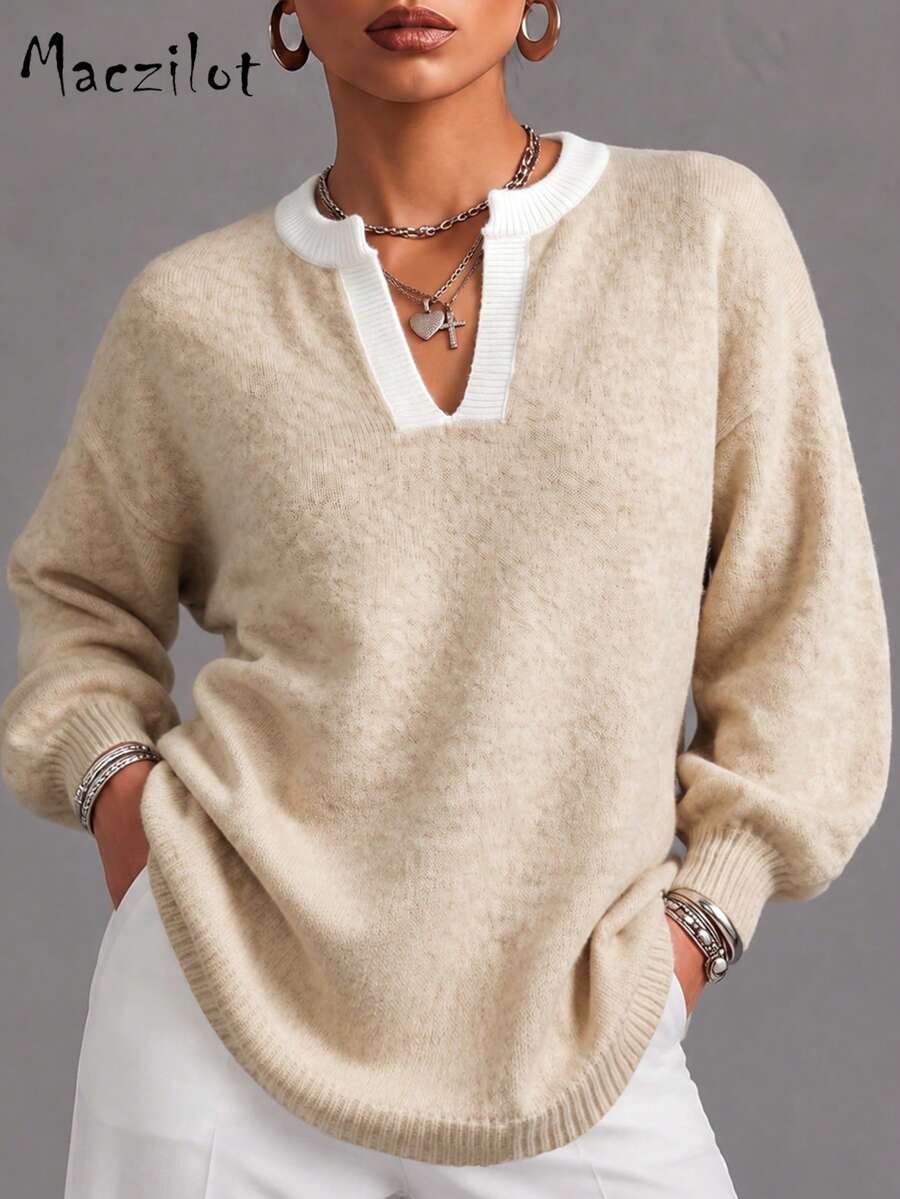 Women Plus‑Size Contrast Trim Notch Neck Knit Pullover, Balloon‑Sleeve Warm Casual Office Sweater For Autumn Winter - Khaki - View 1