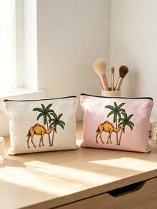 Date Palm Tree Camel Print Makeup Bag, Portable Zipper Cosmetic Pouch, Desert Style Travel Toiletry Storage Bag For Women,Middle Eastern Style,Boho Desert Pattern,Arabic Style, Lightweight, Multi‑Purpose, Gift For Her, Daily Cosmetic Storage - Multicolor - View 2