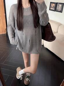 Sweater Pullover Lengan Panjang Leher Bulat Longgar Gaya Korea Terbaru untuk Musim Gugur, dengan Detail Sobek dan Tampilan Santai, Pakaian Musim Gugur Wanita - Grey - View 5