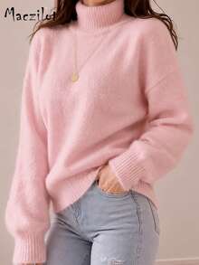 Plus Size Ladies Fall Winter Soft Fuzzy Turtleneck Pullover Top, Loose Knitwear, Slimming Cover Fat For Daily & Commuter Wear - Pink - View 4