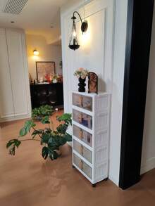 Multifunctional 5-Tier White Plastic Storage Cabinet With Transparent Front Panel And Magnetic Closure - Perfect For Books, Snacks, Toys, Kitchen Supplies And Bedroom Essentials, Bedroom Storage Box | Modern Storage Design | Stackable Design, Home Organization Storage Bin - Multicolor - View 7