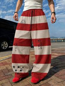 Krometka Men's American Vintage Striped Star Print Wide Leg Sweatpants, High Street Distressed Drawstring Elastic Waist Straight Leg Casual Long Pants - Red - View 3