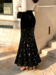 Black Sequin Patchwork Skirt, Elegant Casual Ceremonial Style, Autumn Skirt - Black - View 6