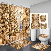 1pc/4pcs Gold Christmas Tree Pattern Multifunctional Bathroom Decor Shower Curtain Set Free 12 Hooks Premium Holiday Atmosphere Bathroom Mat U-Shaped Floor Mat And Round Toilet Lid Cover Suitable For All Scenes Decoration Bathroom Set - Gold Christmas Tree 6 - View 8