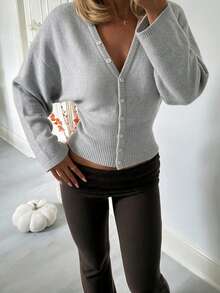 Women's New Light Gray V-Neck Long Sleeve Knit Cardigan, Dropped Shoulder And Cinched Waist Design - Light Grey - View 3