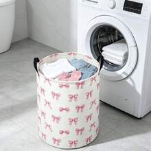 Large Bow Pattern Foldable Round Storage Basket, Multi-Functional Storage Bin, Suitable For Bathroom, Room, Laundry Basket, Dirty Clothes Basket, Large Capacity Room Clutter Storage Bin, Clothing Storage, Miscellaneous Storage - View 3