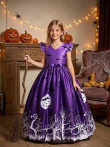 Tween Girl Halloween Series Pattern Satin Princess Dress, Holiday Party Dress Suitable For Gatherings And Balls, Fabric Pattern Randomly Cut, Does Not Include Hat And Headband - Purple - View 1