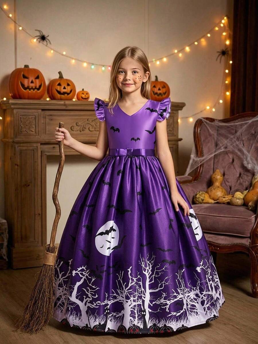 Tween Girl Halloween Series Pattern Satin Princess Dress, Holiday Party Dress Suitable For Gatherings And Balls, Fabric Pattern Randomly Cut, Does Not Include Hat And Headband - Purple - View 1