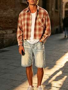 Men's Single-Button Casual/Commute Plaid Short Sleeve Shirt - Red - View 1