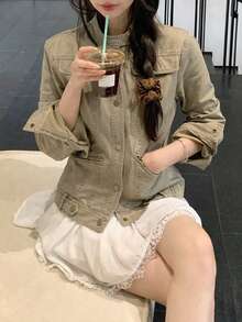 女款時尚立領夾克，附斜口袋 - 軍綠色 - 查看 4