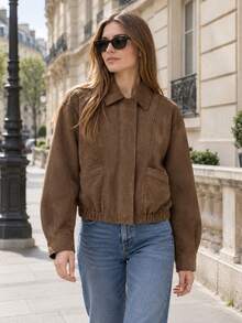 Women's Brown Faux Suede Loose Fit Aviator Jacket With Turn-Down Collar, Elastic Hem, Long Sleeves And Pockets - Brown - View 3
