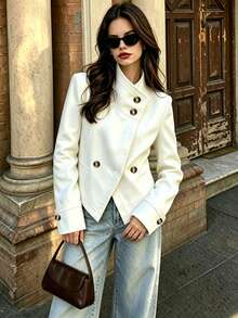 Fashion Daily Commute Long Sleeve Stand Collar Double-Breasted Patchwork Blazer - White - View 3