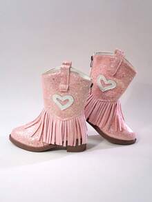 Girls' Kids' Short Mid-Calf Boots, Glitter Embroidered Tassel High Heel Western Boots, Color Block Round Toe Side Zipper - Pink - View 1
