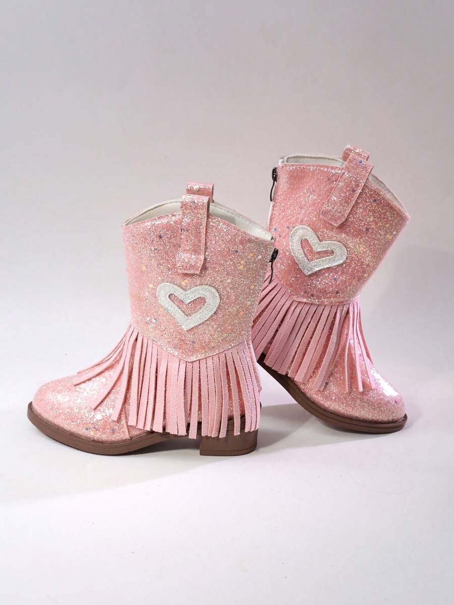 Girls' Kids' Short Mid-Calf Boots, Glitter Embroidered Tassel High Heel Western Boots, Color Block Round Toe Side Zipper - Pink - View 1