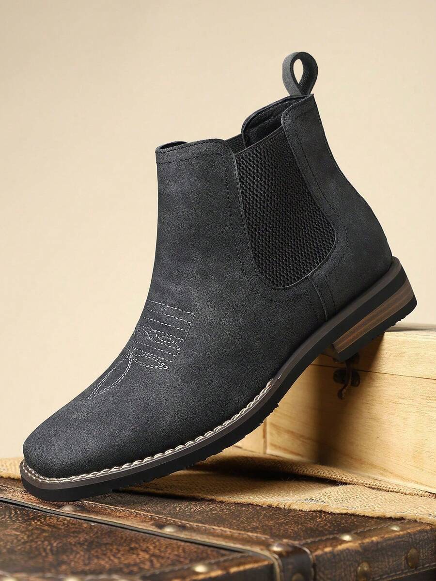 QRLQRL 1 Pair Men's New Retro Elastic PU Upper Rubber Sole Non-Slip Comfortable Casual Ankle Boots