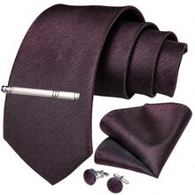 Burgundy Fine Textured Men's Tie 4-Piece Set With Pocket Square, Cufflinks And Silver Tie Clip, Business Formal Accessories - Rust Brown - View 2