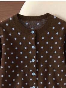 Women's Plus Size Brown Polka Dot Knit Cardigan, Round Neck Long Sleeve, Autumn/Winter Essential, Cute Comfortable Regular Fit Outerwear - Coffee Brown - View 5