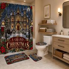 Set Dekorasi Kamar Mandi Natal Motif Kastil dan Pemandangan Salju Multifungsi 1pc/4pcs, Tirai Shower dengan Gratis 12 Kait, Keset Lantai U-Shaped dan Penutup Dudukan Toilet Bulat, Atmosfer Liburan Premium, Cocok untuk Semua Dekorasi Ruangan - Kastil Natal di tengah salju - View 4