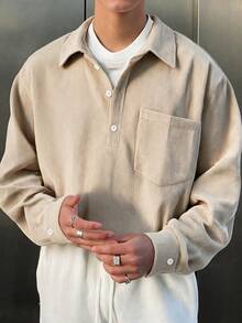 Vintage Corduroy Pullover Shirt Men Spring Autumn Turn Collar Half Button Long Sleeve Casual Loose Solid Color Top - Apricot - View 1