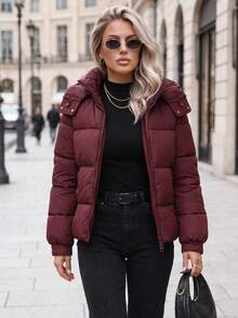 Women's Quilted Puffer Jacket With Detachable Hood, Zip Front And Side Pockets - Burgundy - View 4