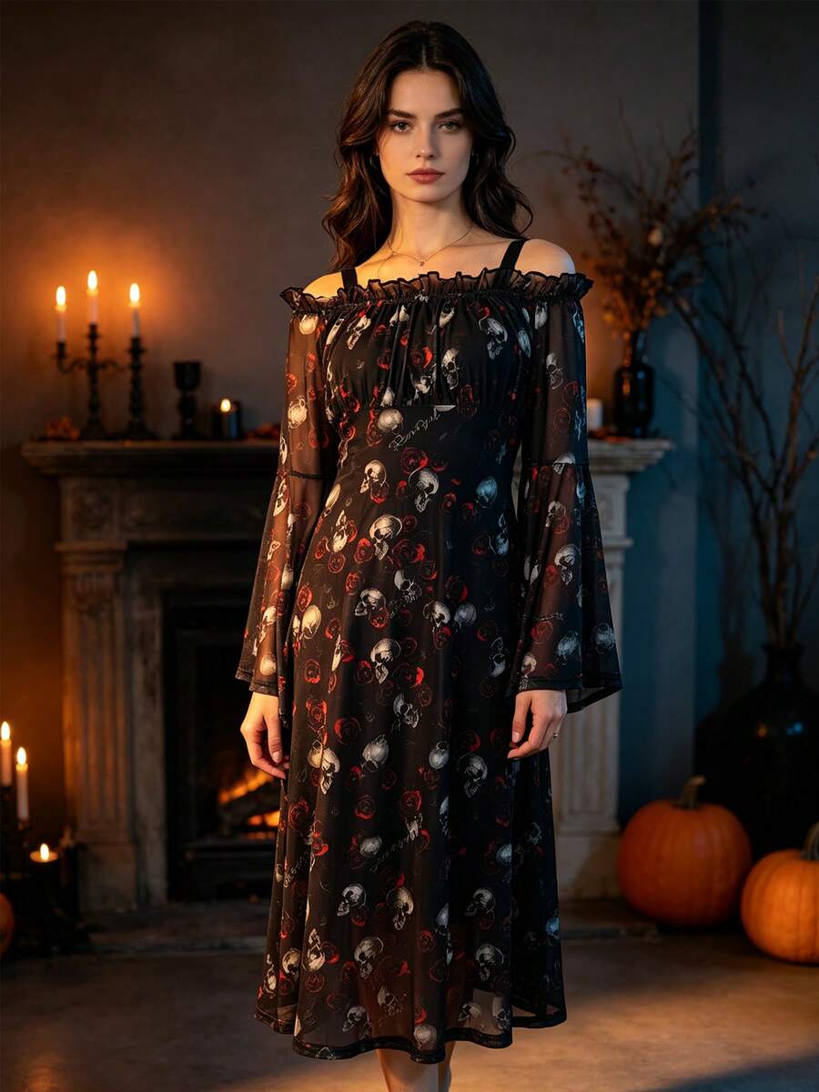 Women's Fashion Vacation Elegant Holiday Print Ruched Bust Ruffle Long Sleeve Camisole Dress - Black - View 1