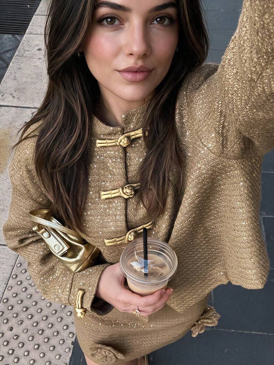 Women's Sequin Tweed Short Jacket, Frog Button Stand Collar Long Sleeve Coat, Vintage Elegant Chinese Style Short Overcoat - Brown - View 1