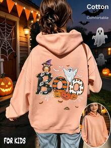 Halloween Girls' Thin Hoodie With Owl, Ghost, Pumpkin & BOO Print, Pink Back Design With Bat And Spider Web Decor - Hami Melon Orange - View 1