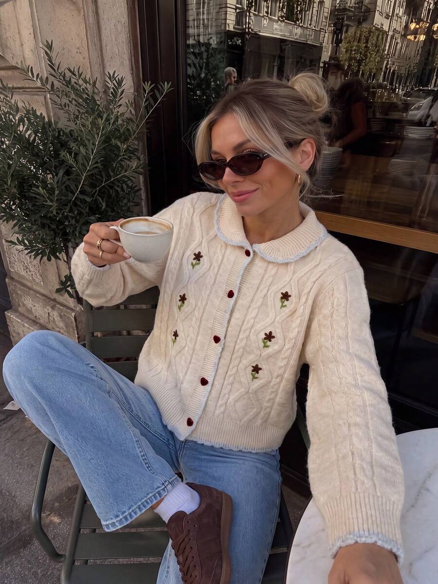 Women's Floral Embroidered Cable Knit Cardigan, Heart Button Collar Cardigan, Autumn/Winter Thanksgiving/Christmas - Apricot - View 1
