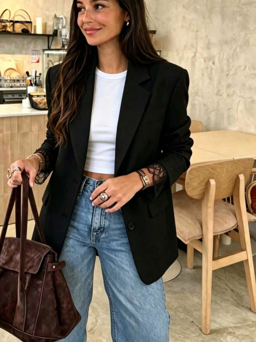 Women's Elegant Black Long Sleeve Blazer, Lace Cuff Detail Design, Perfect For Creating Sophisticated Preppy Style, Suitable For Dating, Office, Back To School Season Outfits, Lightweight Blazer - Black - View 1