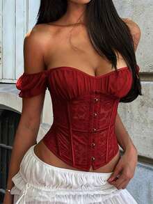 Apperloth A Elegant Vintage Red Lace Mesh Corset Top, Heart-Shaped Neckline With Front Metal Hook And Eye Closure, Back Lace-Up Shoulder Design With Boning, Suitable For Music Festivals And Halloween Parties - Red - View 5