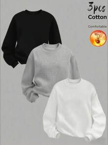 Women's Casual Long Sleeve Crew Neck Pullover Sweatshirt, Ribbed Knit Detail, Warm Lining, Street Style - White-gray-black - View 2