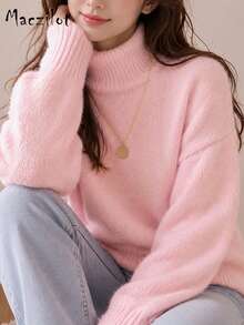 Plus Size Ladies Fall Winter Soft Fuzzy Turtleneck Pullover Top, Loose Knitwear, Slimming Cover Fat For Daily & Commuter Wear - Pink - View 6