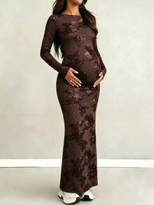 Maternity Jacquard Mesh Patchwork Casual Party Dress - Coffee Brown - View 3