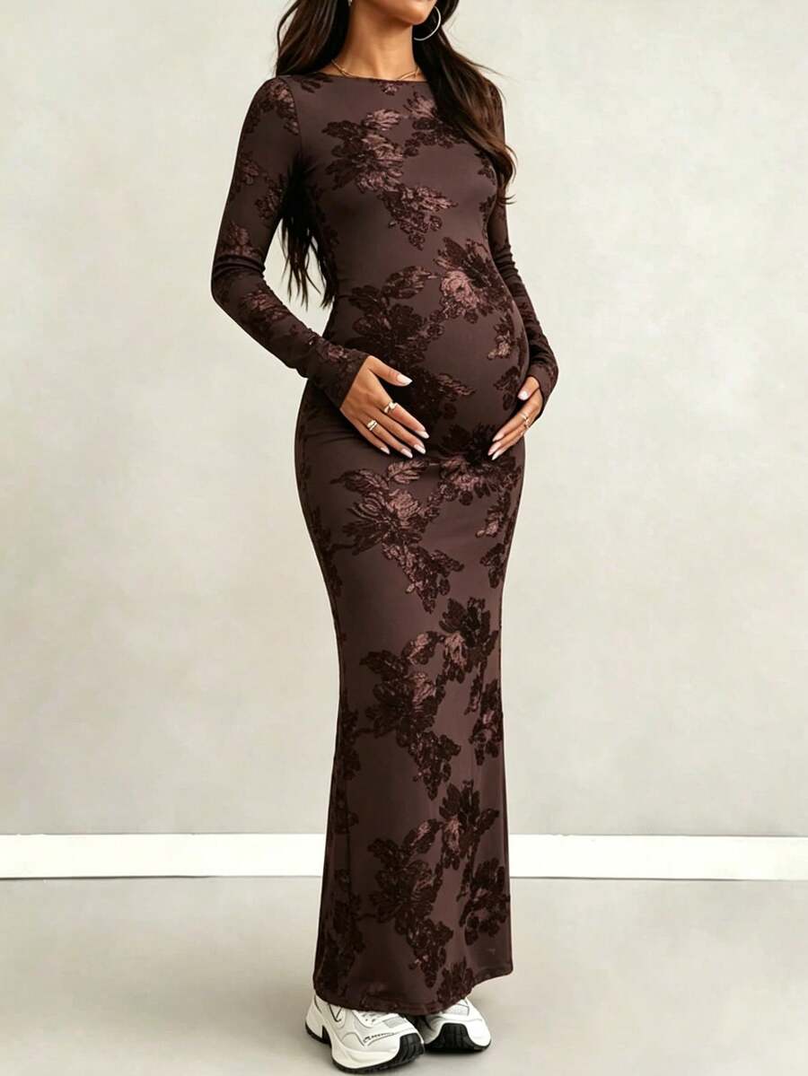 Maternity Jacquard Mesh Patchwork Casual Party Dress - Coffee Brown - View 1