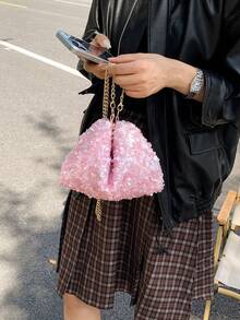 時尚新款亮片鏈條女款小方包 多功能單肩包 餃子造型零錢包 - 粉色 - 查看 4